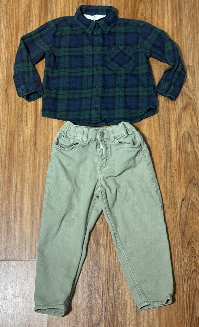 H&M Boys Set Blue/Green Plaid Button Down w/ Loose Tapered Leg Khaki - Boys 4T